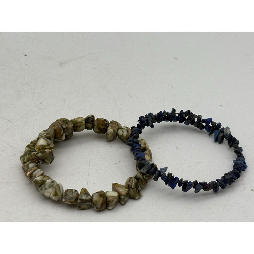 Lot of 2 Blue Green Chip Bead Memory Wire Wrap Bracelets Boho